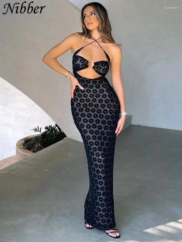 Casual Dresses Nibber Women Maxi Dress Solid Color Hanging Neck Sexy Hollow Perspective Bag Hips Robe Female 2024street Trendy Clothing