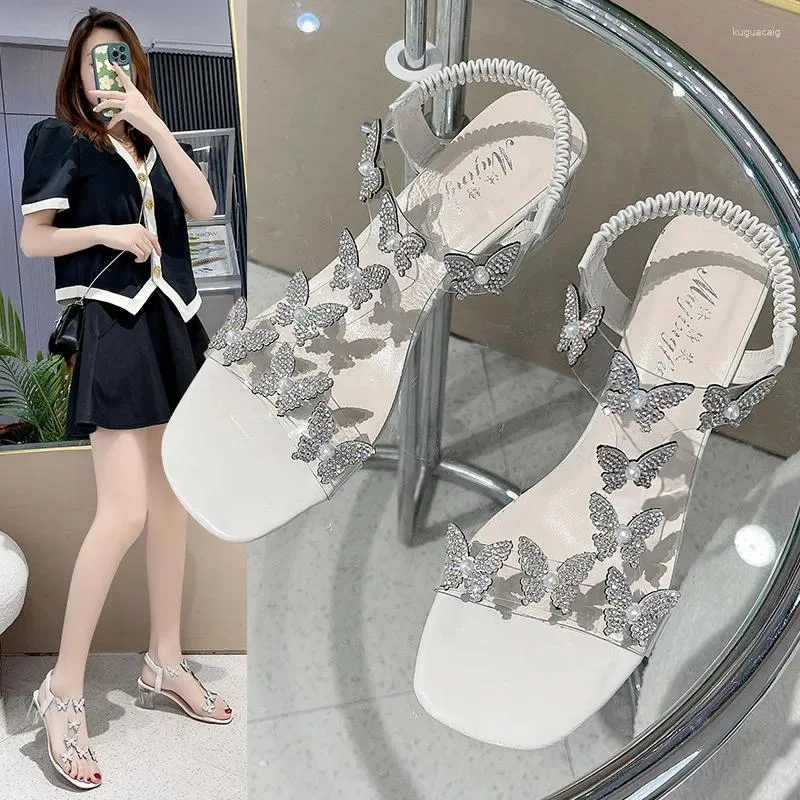 Sandali con fiocco scintillante da donna tacco medio con strass trasparenti tacchi alti sandali open toe scarpe per le donne estate 2024