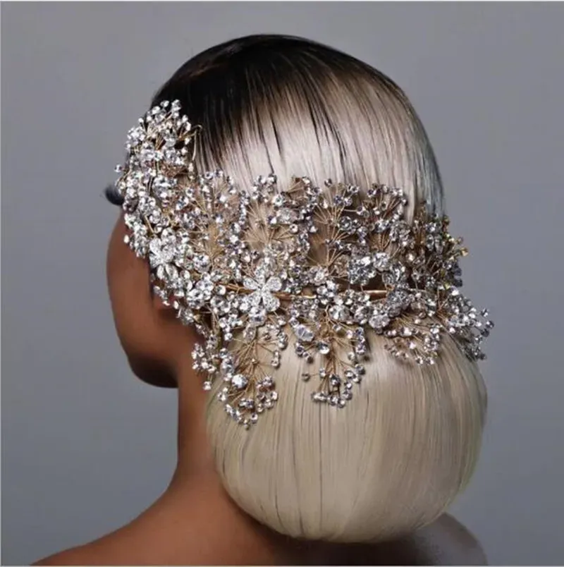 Złotna srebrna korona błyszcząca połysk ślubny Wedding Hair Akcesoria Rehinestones Perły Korony ślubne Akcesoria do włosów dla kobiet dla afrykańskich czarnych kobiet FG016