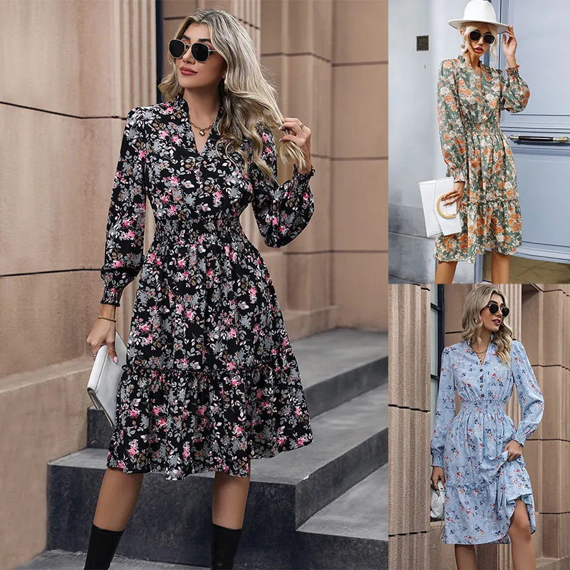 2024Spring New Product European and American Women's Wear Designer Long sleeved Fragmented Flower Dress