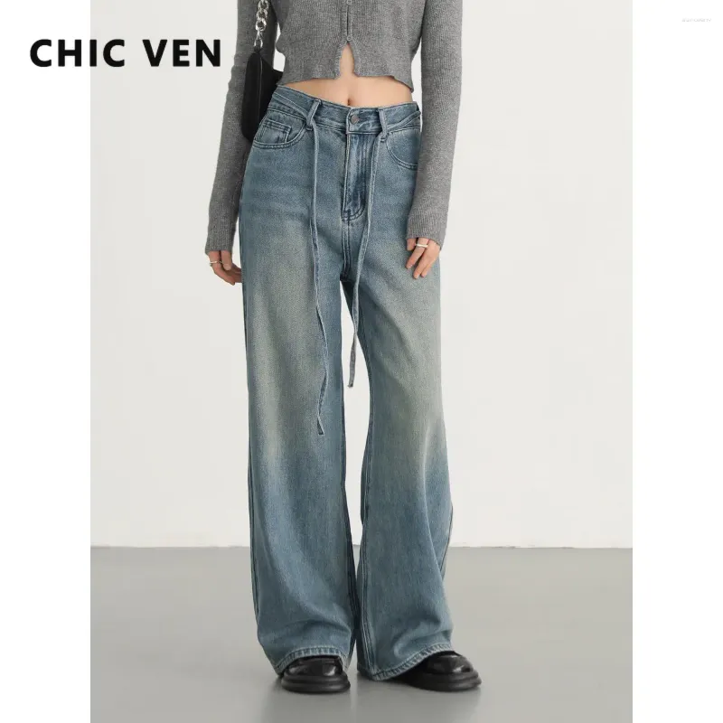 Kvinnors jeans chic ven hög midja snörning upp bred ben denim byxor streetwear kvinna byxor hösten våren 2024