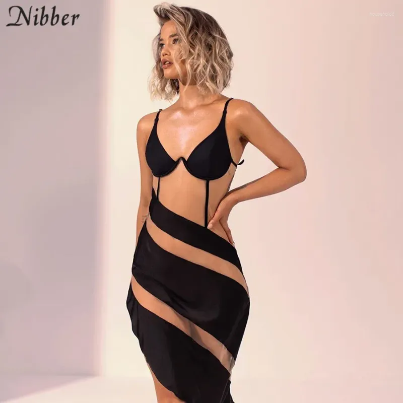 Casual Dresses Nibber Sexy Patchwork Mesh See-Through Spaghetti Strap Skinny Dress for Women 2024 Fashion Club Party Bodycon Mujer