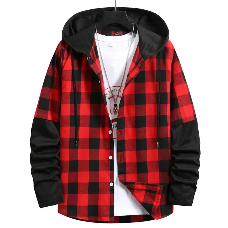 LUCLESAM hommes Plaid épissage à capuche hommes mode Streetwear classique flanelle à manches longues à capuche chemises sudaderas hombre 240122