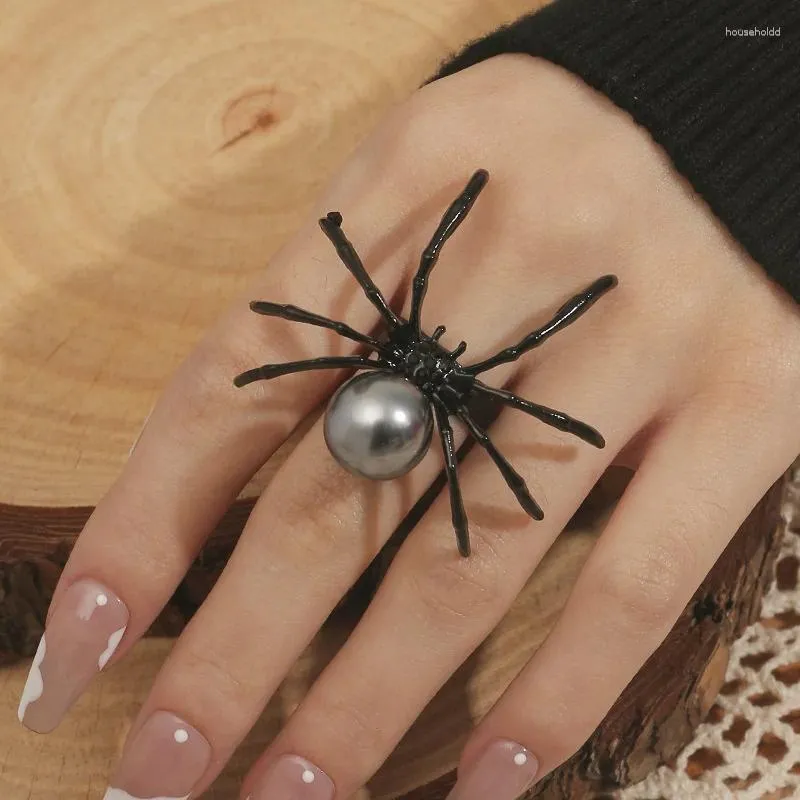 Cluster Rings Exaggerated Personality Retro Halloween Black Spider Ring Alloy Pearl Earrings Punk Hip-hop Open Accessories