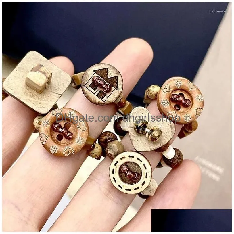 Cluster Rings Vintage Wooden Button Handmade Beaded Ring For Women Aesthetics Cool Charm Maillard Style Accessories Fashion Jewelry D Dhxpw