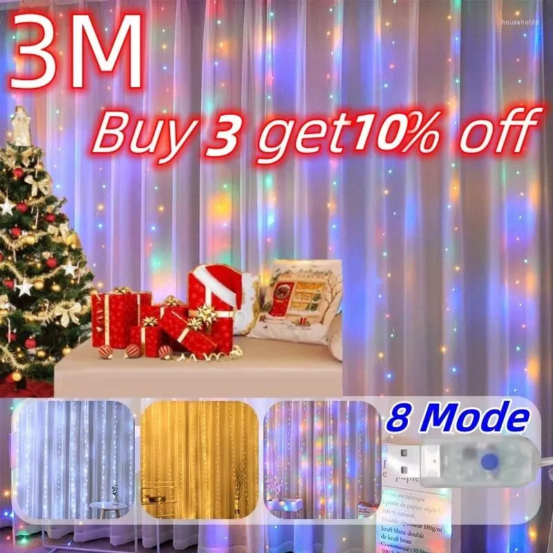 Saiten 8Mode 3M LED Vorhang Lichter Weihnachten Girlande Fee String USB Fernbedienung Urlaub Beleuchtung Party Hochzeit Dekor