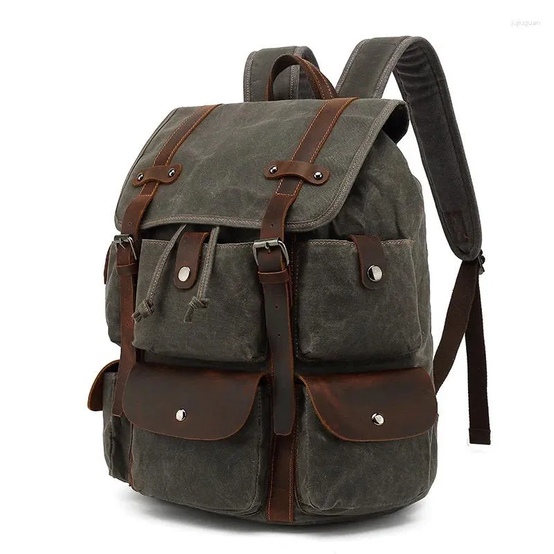 Backpack Casual Vintage Canvas Leather Waterproof Travel Mochila Masculina Rucksack Men Waxed Laptop Bag