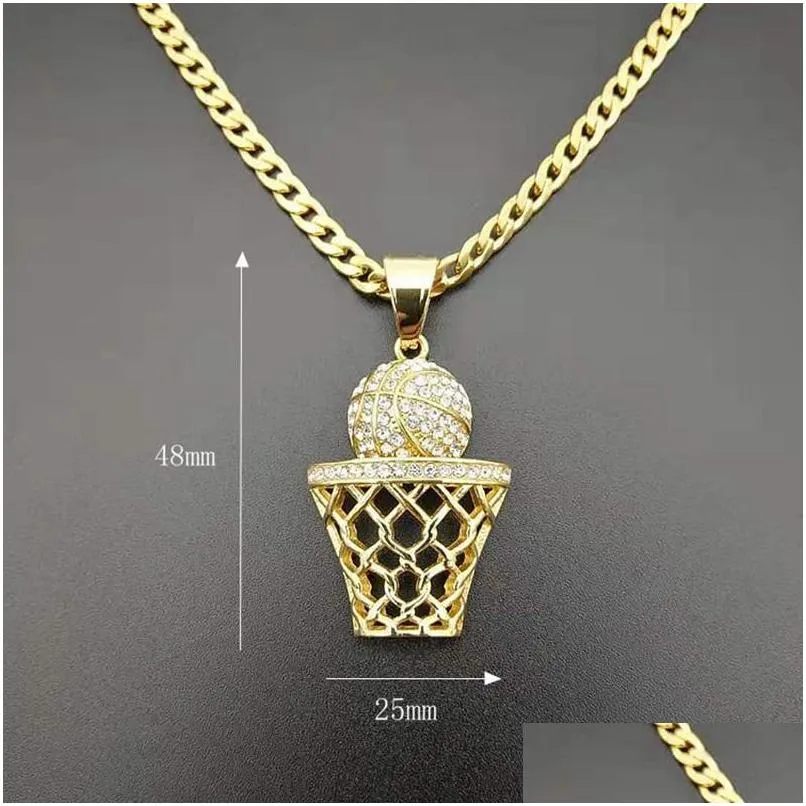 Ожерелья с подвесками в стиле хип-хоп, стразы, проложенные Bling Iced Out, золото, подвески в виде баскетбольной корзины из нержавеющей стали, ожерелье для мужчин, рэпер, ювелир, Dh80T