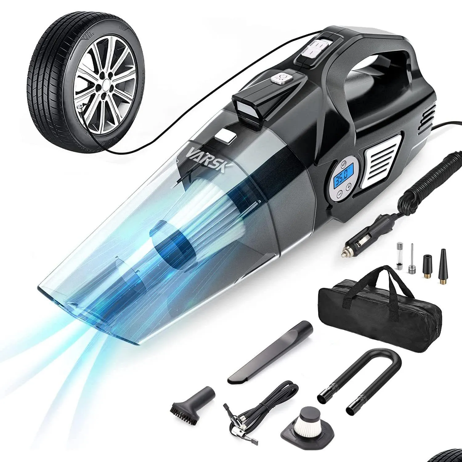 Car Vacuum Cleaner Tire Inflator Portable Air Compressor With Digital Tire-Pressure Gauge Lcd Display And Led Light 12V Dc Air-Compr Dh8Tf