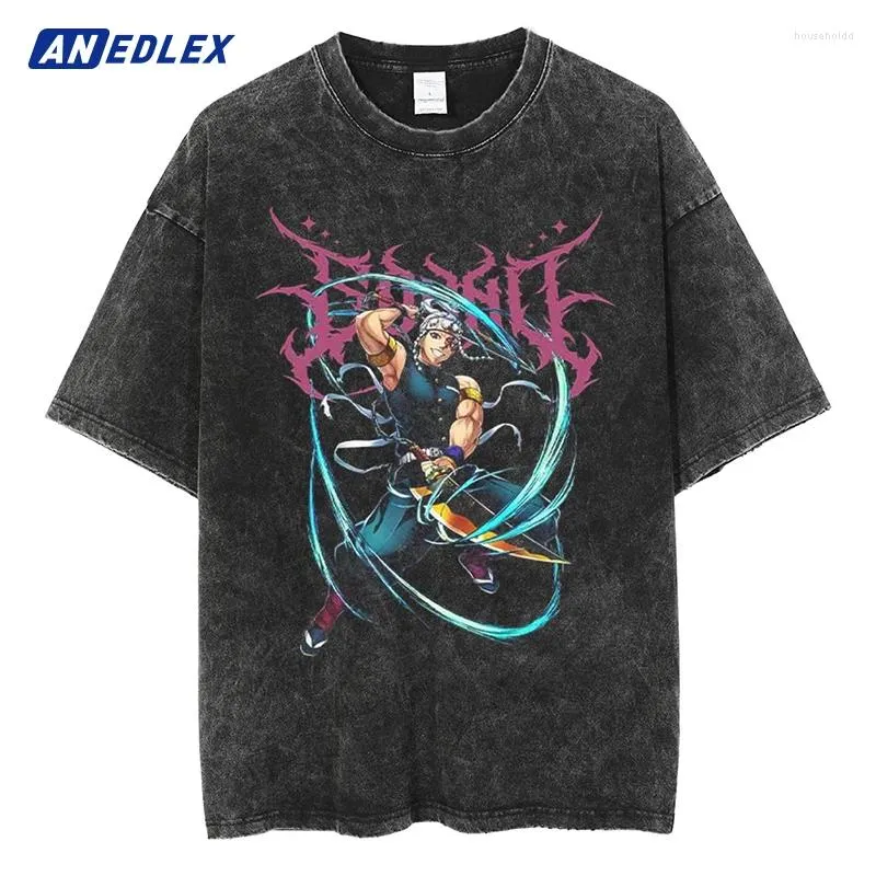 Herren-T-Shirts, Sommer, lässig, lockere Baumwolle, Anime-Grafik-Shirt, Cartoon, übergroßes T-Shirt, Hip-Hop-Streetwear, Männer, gewaschenes Vintage-Schwarz-T-Shirt