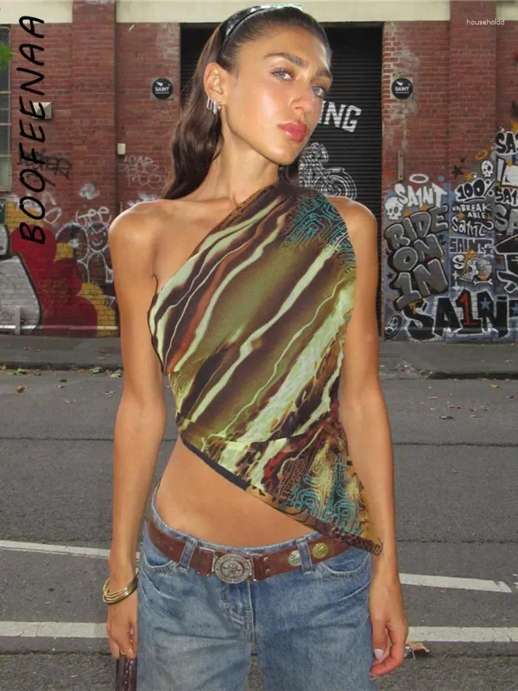 Tanques femininos boofeenaa impressão abstrata regata y2k camisetas roupas de verão para mulher 2024 na moda sexy assimétrico um ombro colheita topo