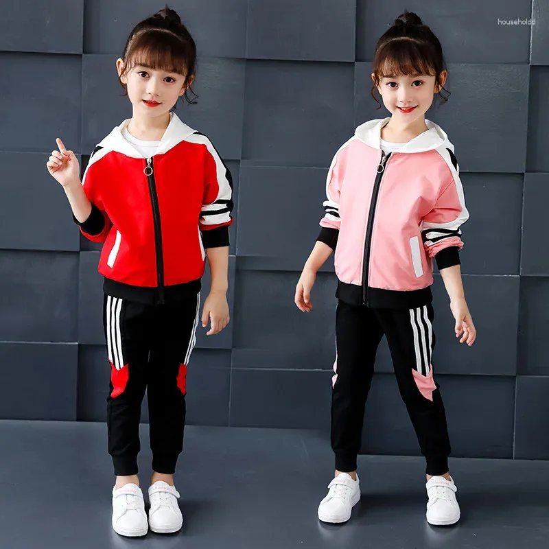 Conjuntos de roupas 2024 coreano primavera outono crianças menina 2pcs roupas conjunto esportes com capuz casaco calças duas peças elementar topos