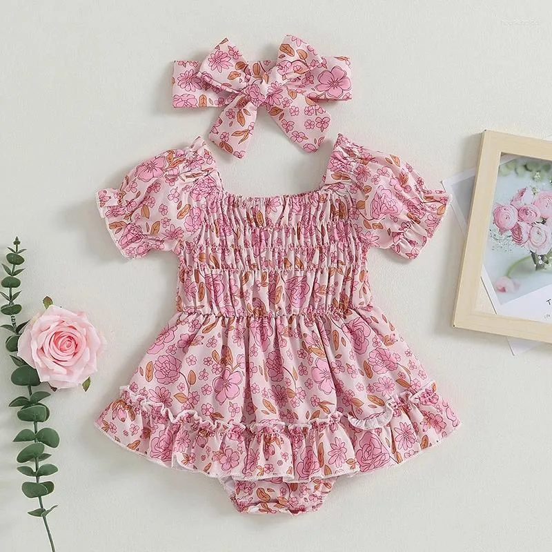 Rompers CitgeeSummer Infant Girl Bodysuit Dress Flower Print Short Puff Sleeve Skirt Hem Jumpsuits Clothes Headband