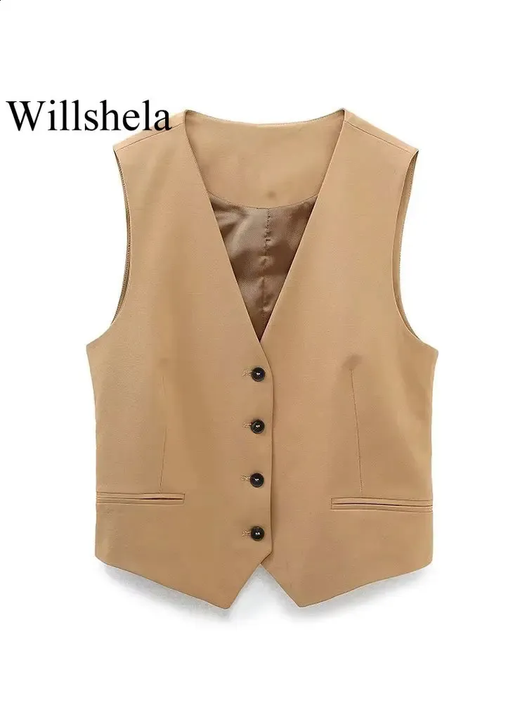 Willshela, moda para mujer, chaleco recortado de color caqui, cuello en V, un solo pecho, sin mangas, traje elegante para mujer, Top corto sin mangas 240130