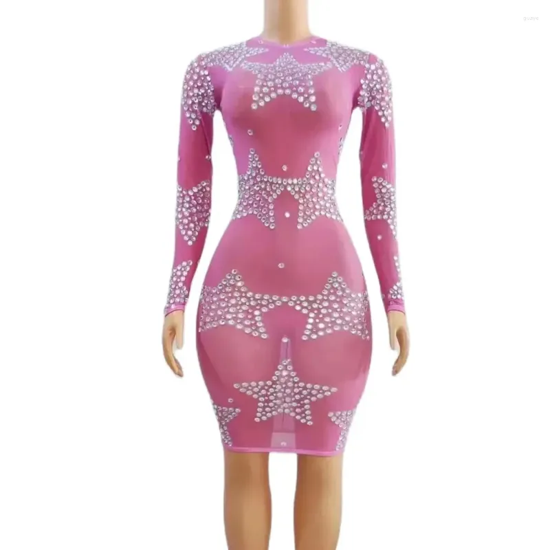 Stage Wear Sexy Silver Rhinestones Stars Pattern Transparent Dress Women Dance Long Sleeves Birthday Celebrate Gown