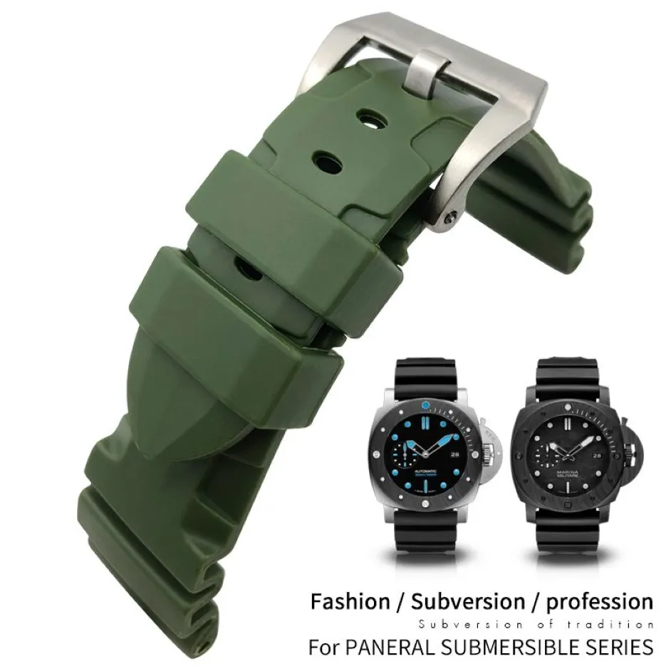 24mm 26mm caoutchouc silicone vert noir bleu bracelet de montre pour PAM boucle ardillon en acier inoxydable 22mm sangle de plongée fermoir déployant hommes F237m