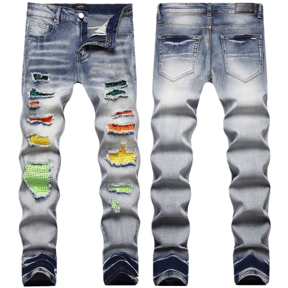 Mäns jeans Nya mäns jeans med nödställda strass och hål mäns smala fit am raka ben jeans