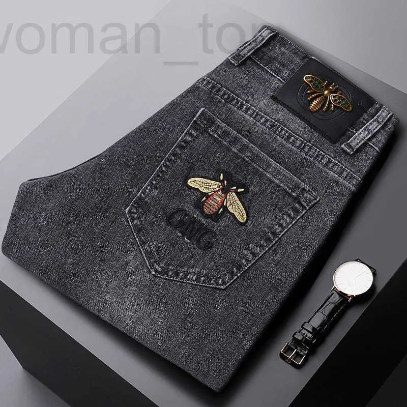 Men's Jeans Designer Little Bee Embroidery Slim Fit Feet European Pants Elastic Young XD5M