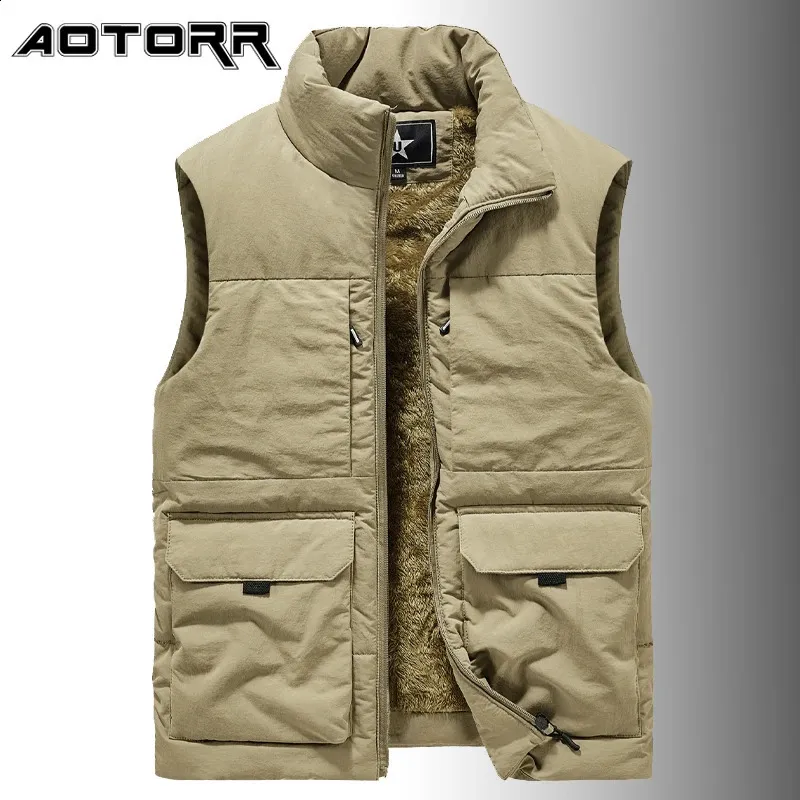 Winter Herren Cargo Weste Mantel Fleece Warm Ärmel Jacke Mode Einfarbig Taktische Westen Jacken Männer Arbeit Weste 6XL 240202