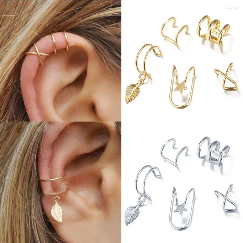 FSUNION – boucles d'oreilles à dos, 5 pièces/ensemble, Clip de manchette d'oreille en feuille, grimpeurs, sans perçage, faux Cartilage, boucle d'oreille pour femmes, bijoux à la mode, cadeau 2024