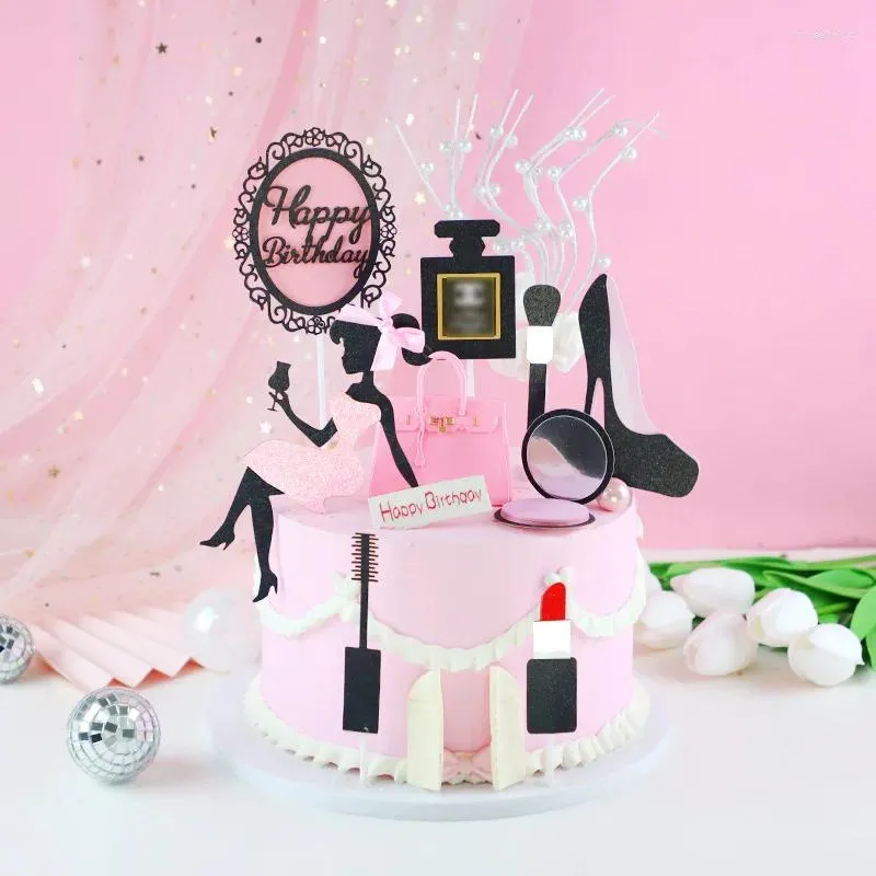 Outils de gâteau, garniture de joyeux anniversaire, thème reine dame, parfum, talons hauts, rouge à lèvres, cosmétiques, fournitures de fête, cadeaux