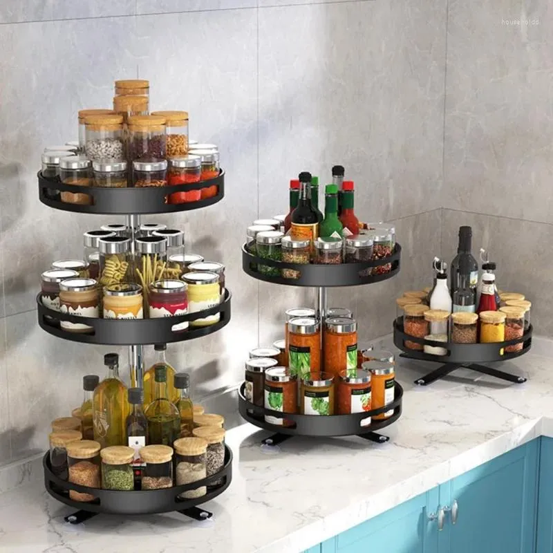 Armazenamento de cozinha 360° Rotating Spice Rack Organizador Bandeja de aço carbono antiderrapante para temperos e especiarias Jar Latas Suporte de utensílios de cozinha