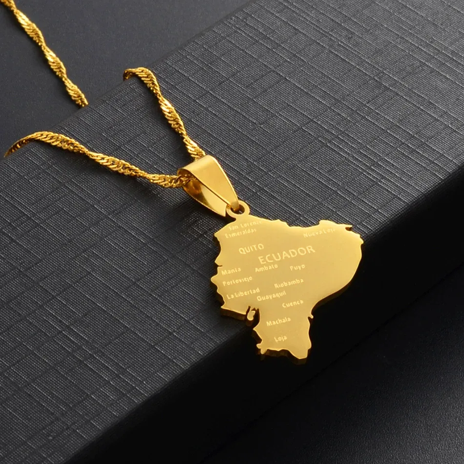 Collane con ciondolo con mappa dell'Ecuador per donna, con ciondoli in oro giallo 14k, con mappe, gioielli patriottici ecuadoriani