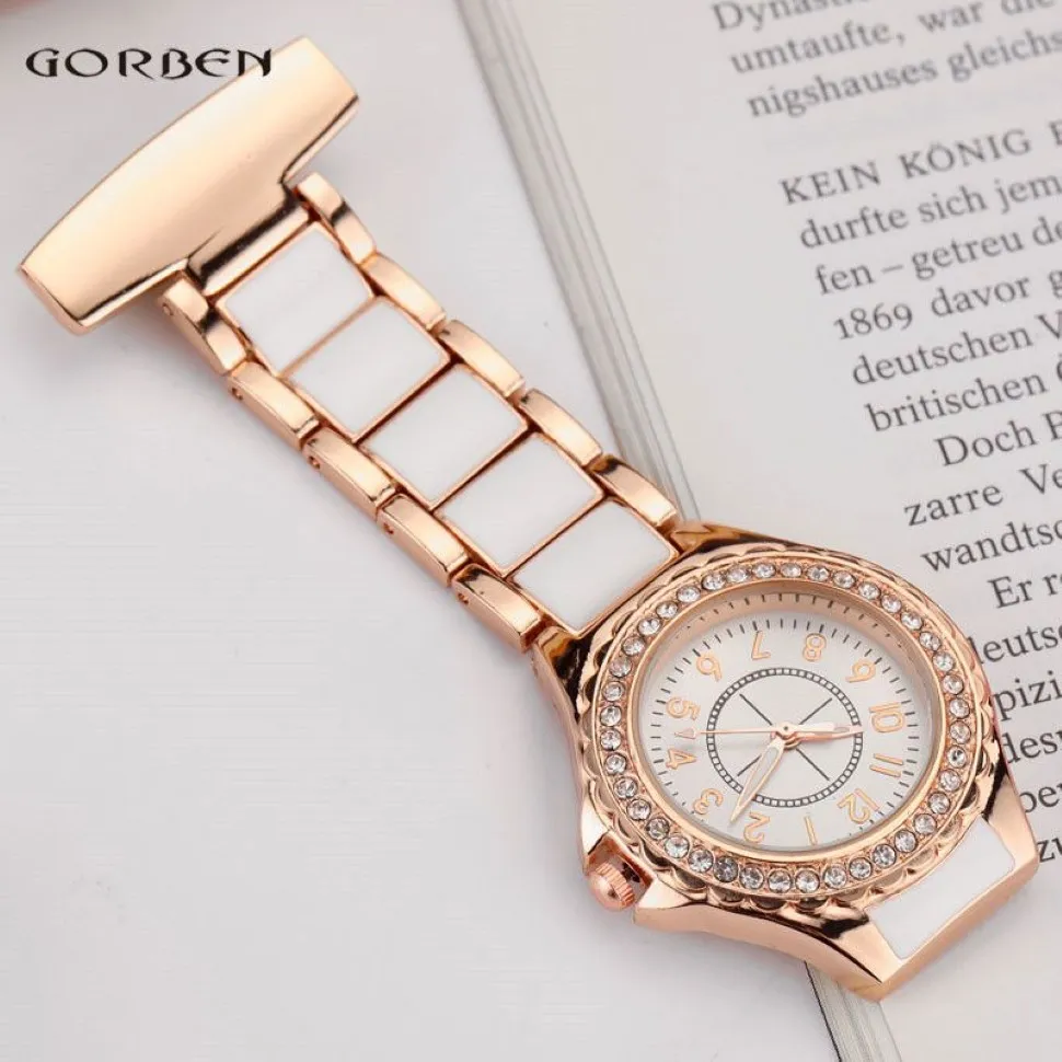 Fashion Crystal Rose Gold Clip-On Pocket Watch Analog Brosch Elegant Steel Women Män kvarts Luxury Nurses Watch FOB Gifts202L