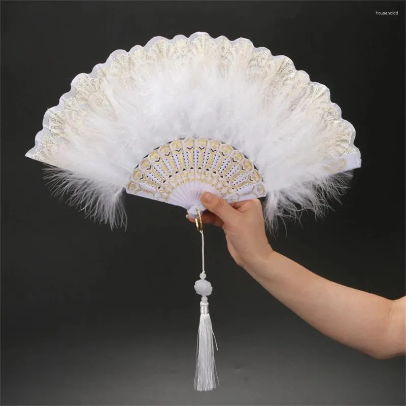 Dekorativa figurer Lolita White Feather Folding Fan Japanese Sweet Classic Black Hand Wedding Dance Party Clothing Accessories Home Decor