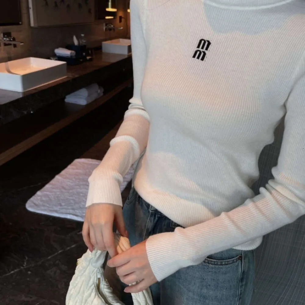 2024SS MM Women Knit Tops Designer Sweater Fashion Letter Brodery Graphic Knitwear Elastic Slim High Neck Bottoming Shirt