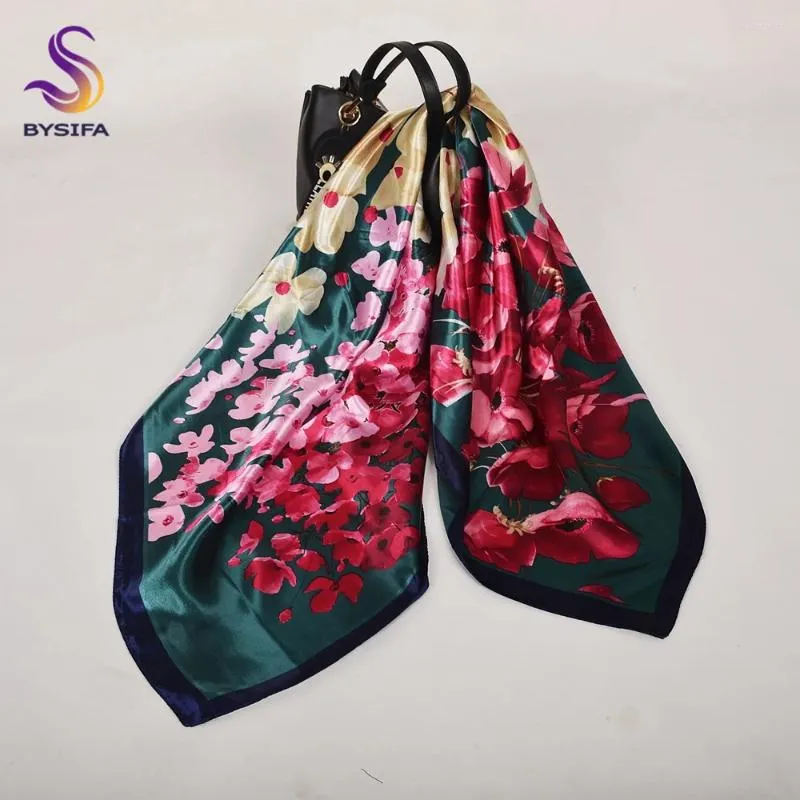 Scarves Winter Green Pink Women Scarf Hijab Fashion Floral Design Satin Square Foulards Spring Fall Head Shawl 90 90cm