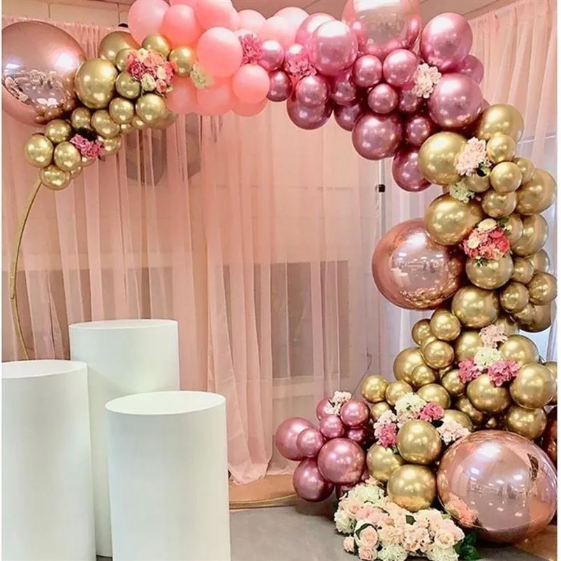146st Chrome Gold Rose Pastel Baby Pink Balloons Garland Arch Kit 4D Rose Balloon för födelsedagsbröllop Baby Shower Party Decor T2214W