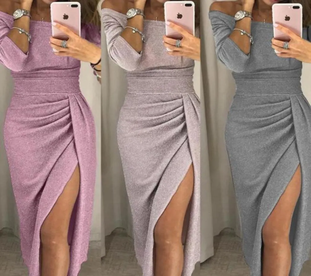 Casual Dresses Elegant Evening Formal 2021 Women039s Hipcovered Slit Oneline Collar Dress Sparkling Dinner Designer Wwomens9774176