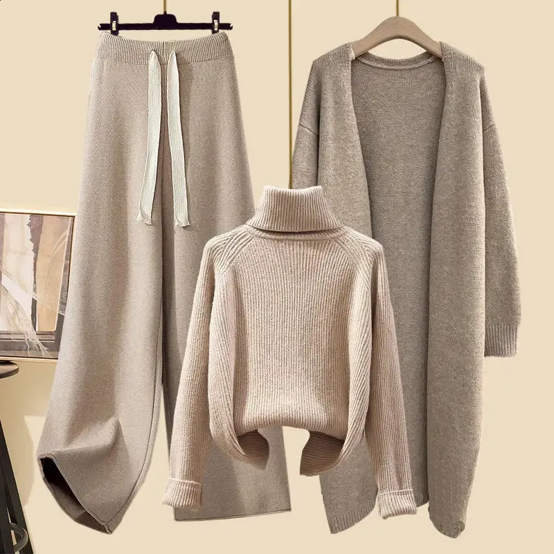 Autumn/Winter Set Long Cardigan Coatcnited Sweaterhigh midje breda benbyxor Casual Womens Three Piece Set 240127