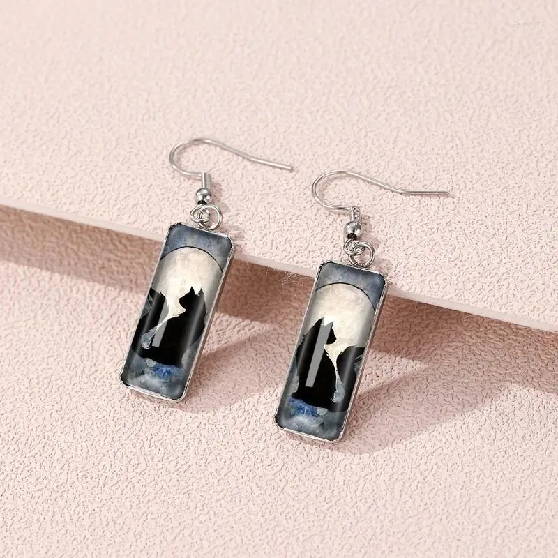 Dangle Earrings Cat Pattern Rectangle Drop Hook Cute Jewelry Kitten Animal Party Holiday Decor For Women Girls Gift 1Pair