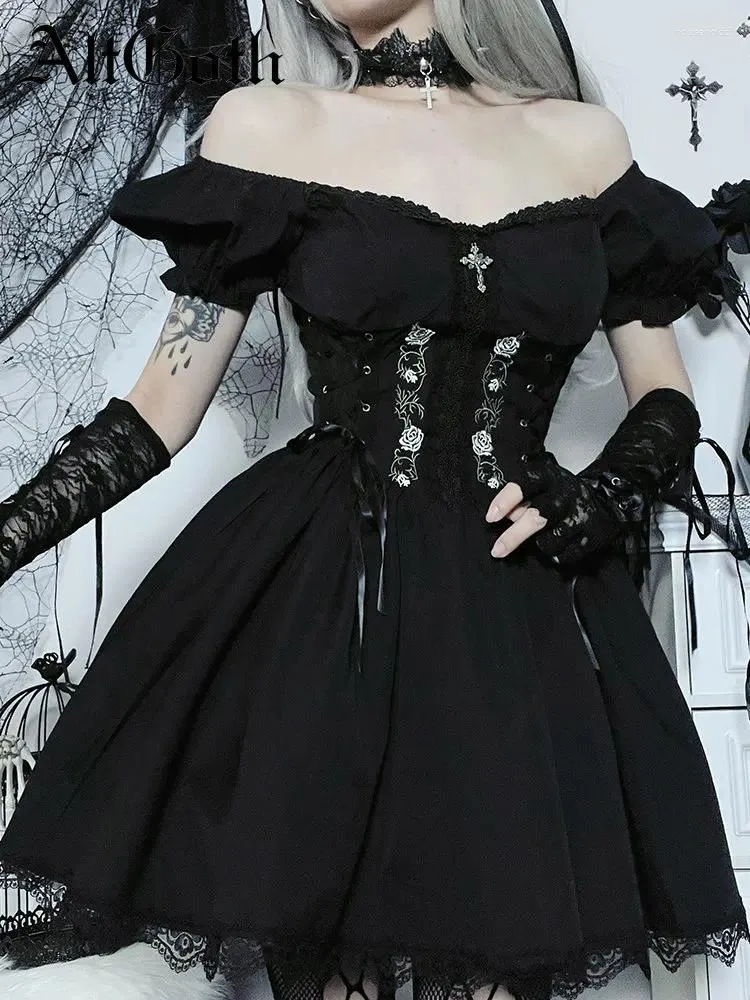 Festklänningar altgoth vintage gotisk prinsessa klänning kvinnor mörk hajuku snörning cross corset streetwear partywear lolita kvinna