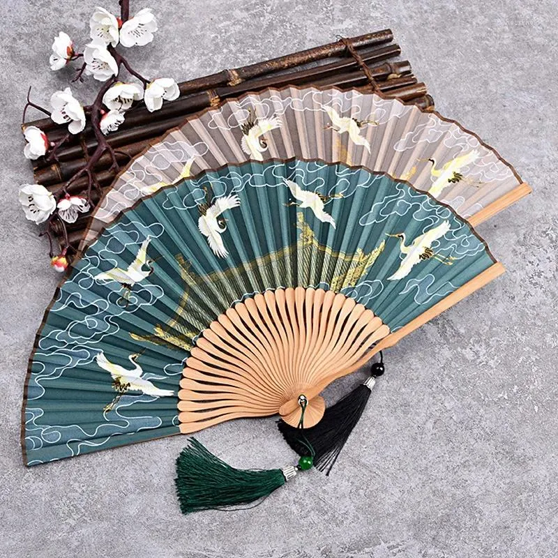 Decorative Figurines Hand Held Fan Crane Print With Tassels Chinese Style Vintage Folding Fans Dance Wedding Party Painting Home Decor