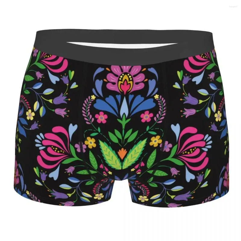 Cuecas homem mexicano floral folk padrão boxer briefs shorts calcinha macia roupa interior polonês flores étnicas humor masculino