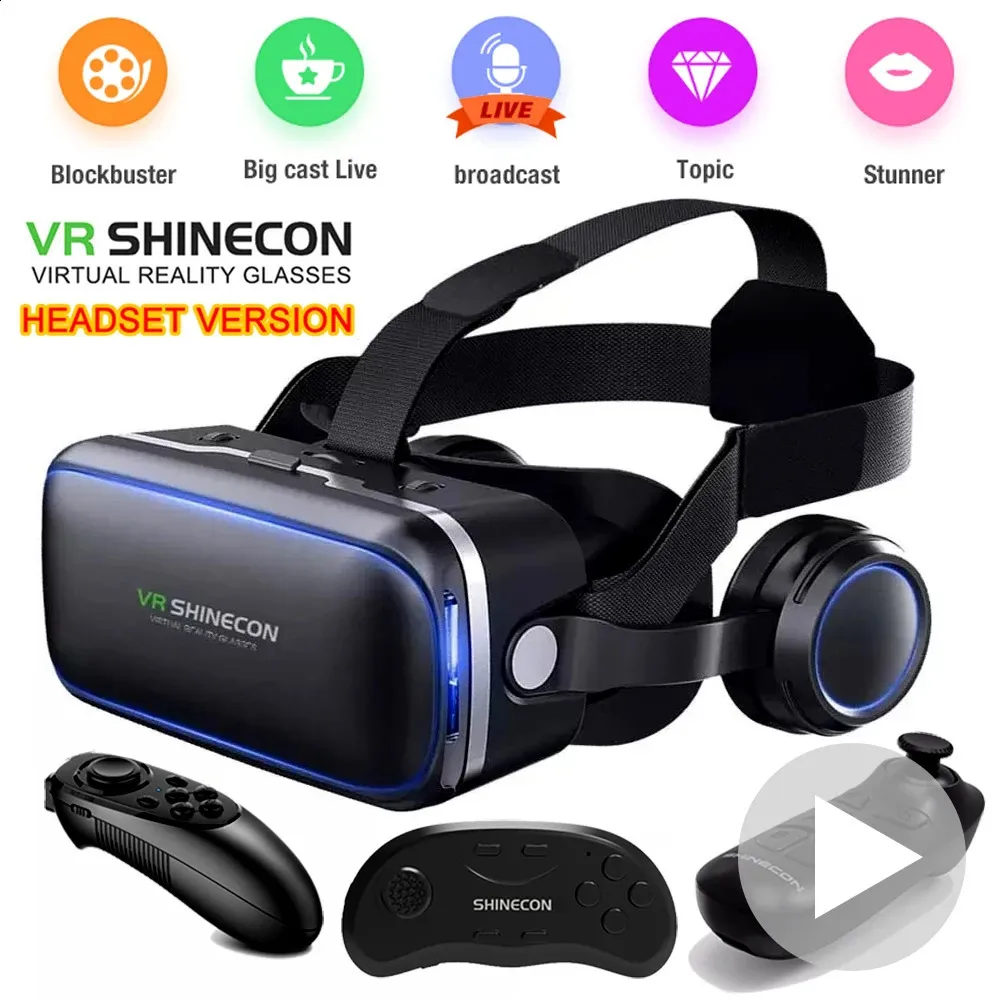 Original VR Shinecon 60 Virtual Reality Glasses 3D Stereo Helmet Headset med fjärrkontroll för iOS Android 240130