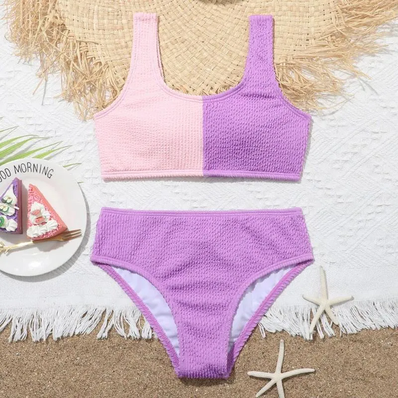 Menas de banho feminina colorblock menina de biquíni infantil infantil de duas peças de 7 a 14 anos de maiô de maiô Monokini 2024 Summer Beachwear