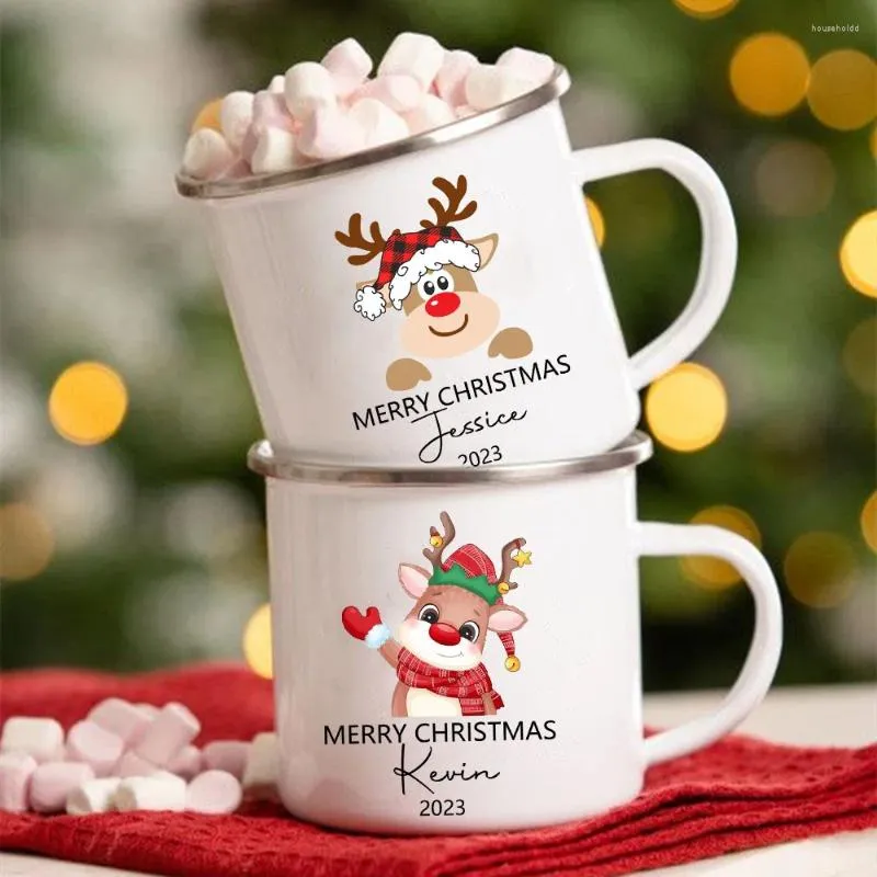 Mokken Personlized Herten Kerst Cups Aangepaste Naam Cacao Chocolade Broer/zus Mok Drinken Jiuce Handvat Emaille Kerstcadeaus Voor Kinderen