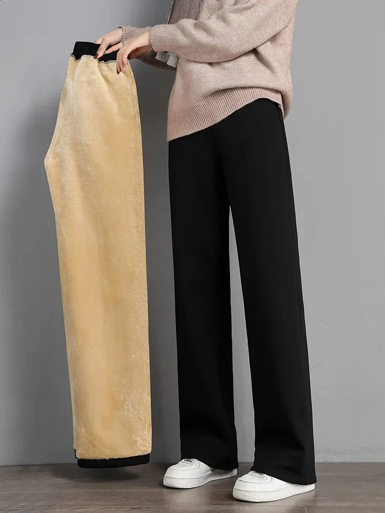 Kobiety ciepłe zimowe pluszowe spodnie Kaszmirowe spodnie z kaszmirami wysokiej talii bawełniane polar luźne samice samice nogawkowe Peledress 240125