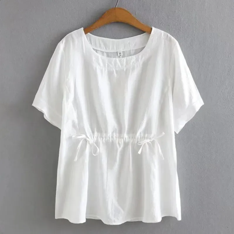 Plus-storlek BLOUSES Kvinnor Summer Sweet Cotton O-Neck Simple Solid Color Short Sleeve Tops Overdimensionerade kurvkläder 240202