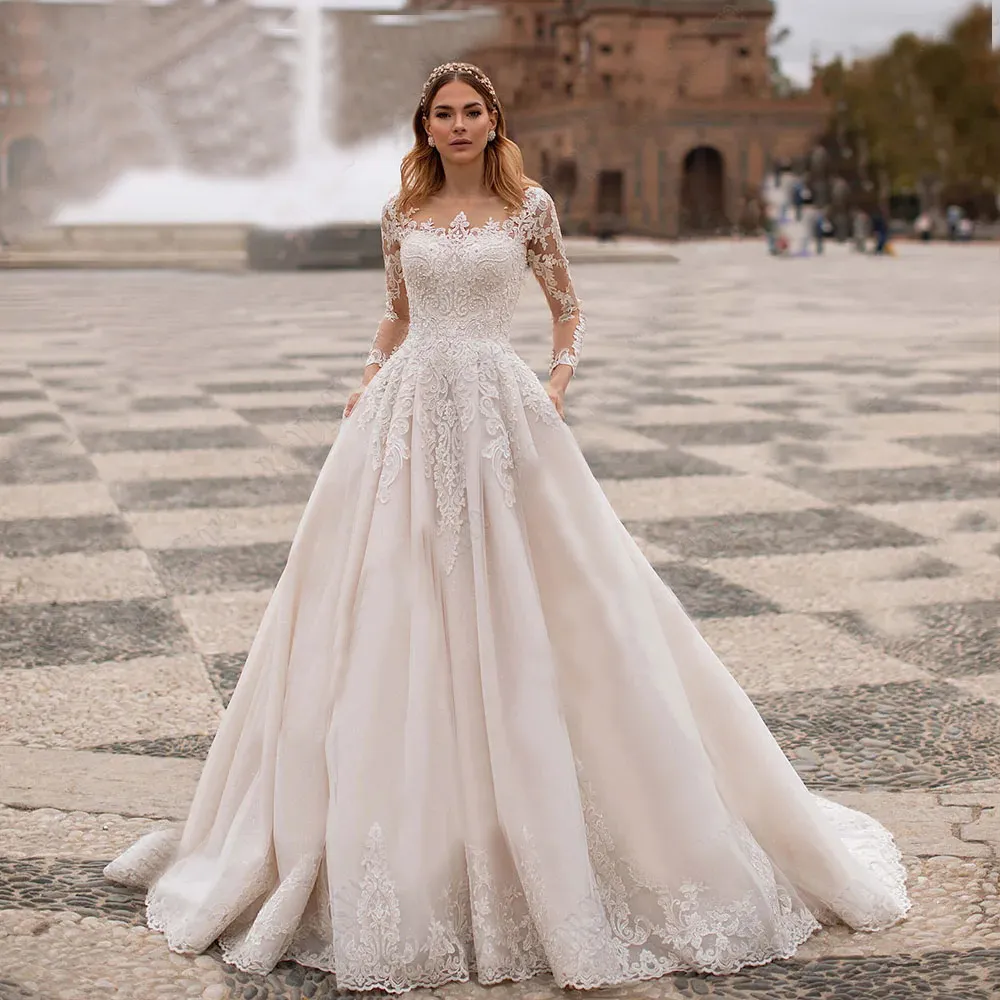 Vestidos de novia boho de encaje y chiffon con mangas largas Champán Tallas Grandes