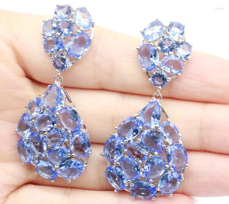 Stud Earrings 52x26mm Gorgeous 14.9g Long Big Rich Blue Violet Tanzanite Pink Kunzite CZ Females Wedding Dating Silver