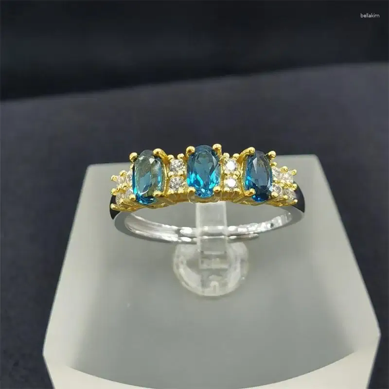 Küme halkaları S925 Sterling Gümüş Beyaz Altın Doğal Londra Mavi Topaz Taş 3 6mm Ring Lady Hediye