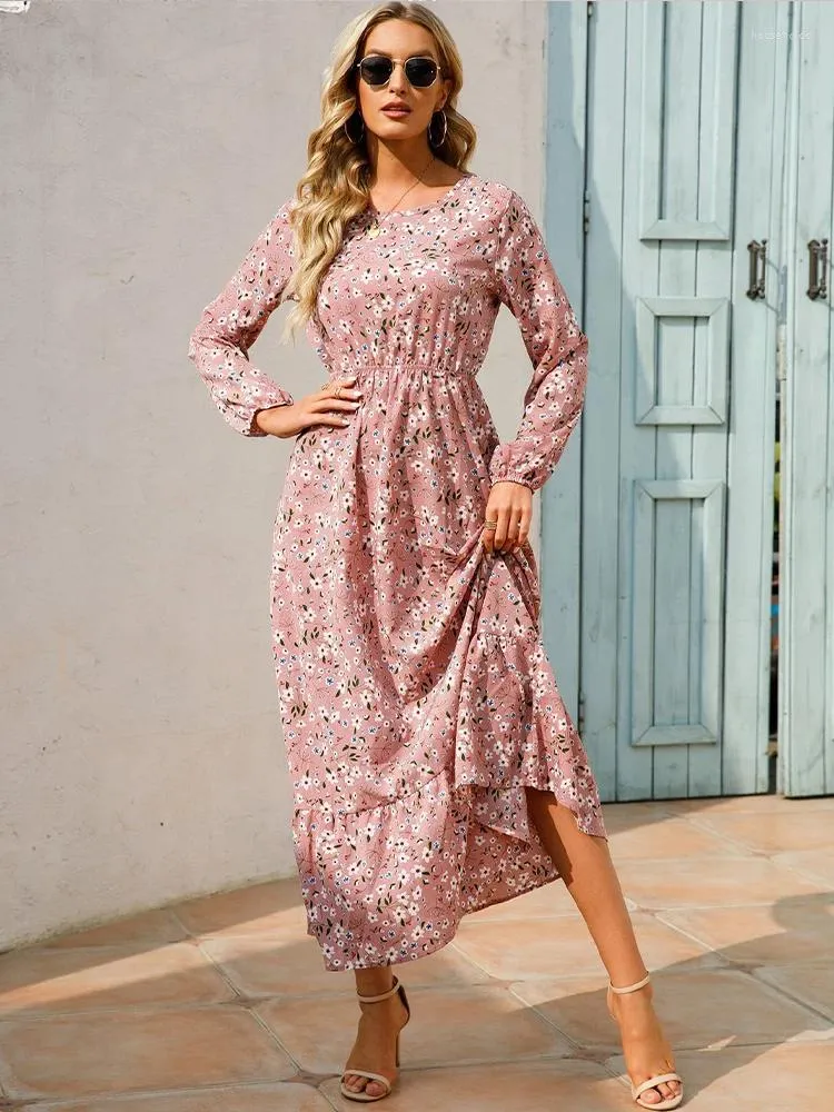 Robes décontractées élégant imprimé floral femmes robe printemps été à manches longues taille haute en mousseline de soie dames fête plage maxi