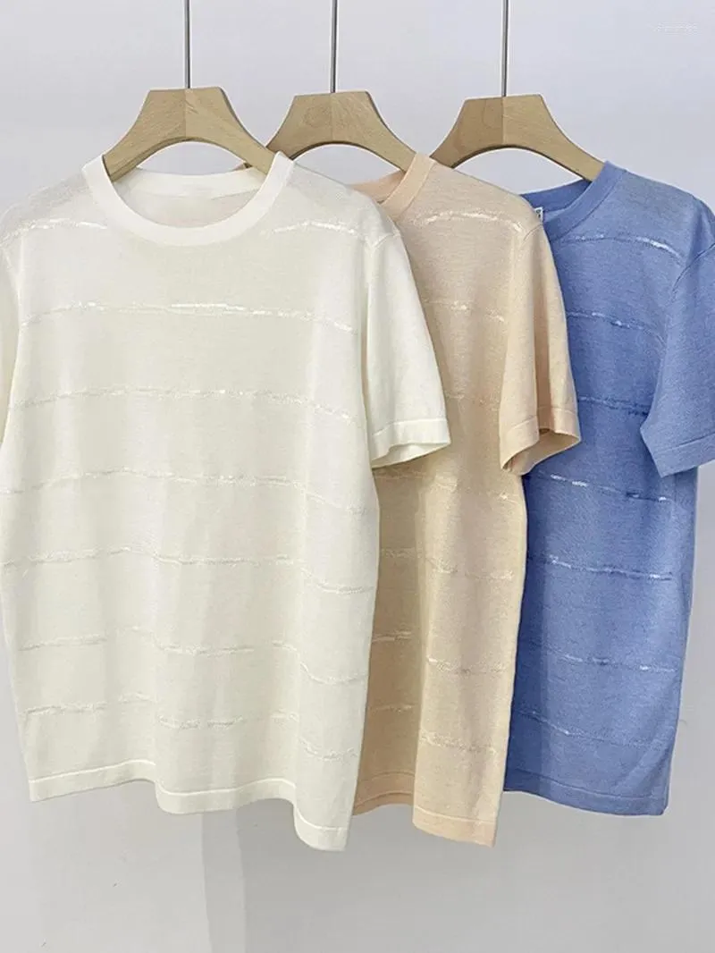 Koszulki damskie T-shirty o cekinach O-Neck cienkie 2024 Letnie stałe kolorowe koszulki z dzianiny