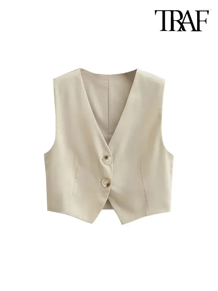 Women's Vests TRAF Women Fashion Front Button Crop Linen Waistcoat Vintage V Neck Sleeveless Female Outerwear Chic Vest Tops