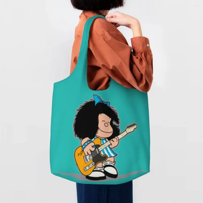 Sacos de compras Kawaii Imprimir Mafalda tocando sua guitarra Tote Reutilizável Canvas Shopper Ombro Quino Cartoon Bolsa